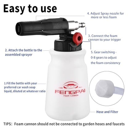FENG PAI Foam Cannon for Pressure Washer, Car Wash Snow Foam Cannon Lance Pressure Washer Soap Dispenser with Adjustable Thick Foam, 1/4 Quick Connector, 1L - color: Foam Cannon Kits