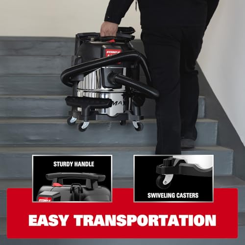 ECOMAX 5 Gallon Ultra Quiet Stainless Steel Shop Vacuum Wet and Dry | 4 Peak HP, 80% Quieter Operation, Durable Long Life Motor, Portable Vacuum for Garage, Workshop, Jobsite, Complete Accessory