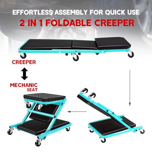 40 inch Adjustable Foldable Z Creeper Rolling Seat with Wheels for Garage Shop Auto Repair, 330LBS Capacity 2 in 1 Chair, Blue - style: 40inch-Blue