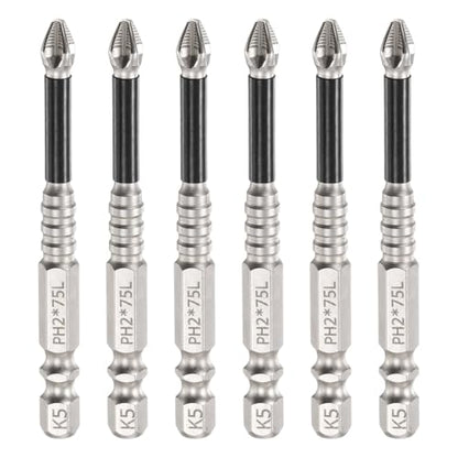 HARFINGTON 6pcs Impact Phillips Screwdriver Bit PH2 (#2) Anti Slip Tip 1/4" Hex Shank 3" (75mm) Long Magnetic Cross Screw Driver Industrial Power Drill Bits for Remove Fastening Screws - size: 3 inch