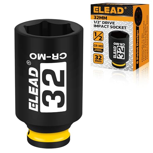 ELEAD 32 mm Socket 1/2" Drive Deep Impact Socket, Metric 6 Point 1/2-inch Drive Impact Axle Nut Sockets, CR-MO Nut Socket Set, Tools for Easy Removal of Axle Shaft Nuts - color: 32mm