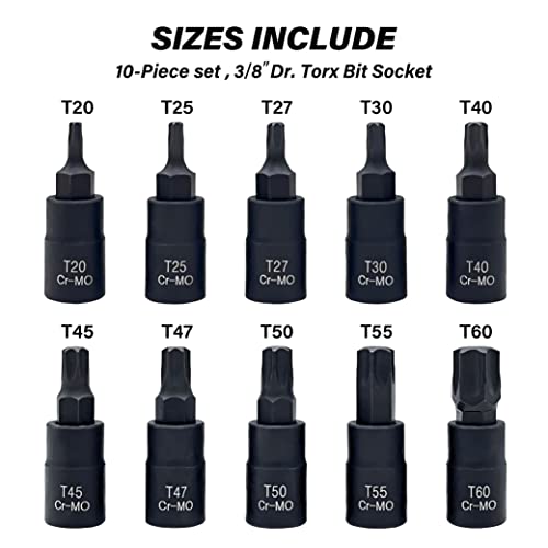 Torx Bit Socket Set, Premium Cr-Mo Steel | 10-Piece Star T20 - T60 Set | 3/8-Inch Drive | Enhanced Storage Case… - size: Torx Bit