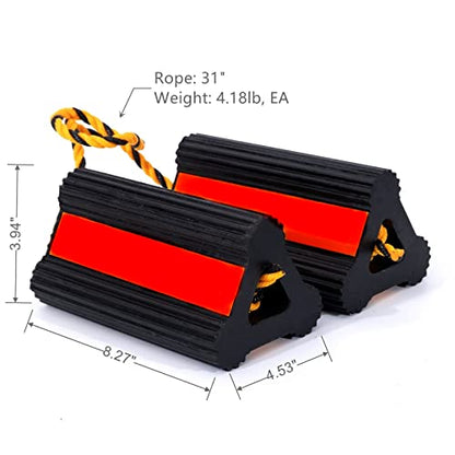 Wheel Chocks Rubber Heavy Duty Trailer Wheel Chocks with Red Reflective Visibility Tape and Yellow Nylon Rope 8.27" x 4.53" x 3.94" (Comes with Spare Red Reflective Strip) - color: RED