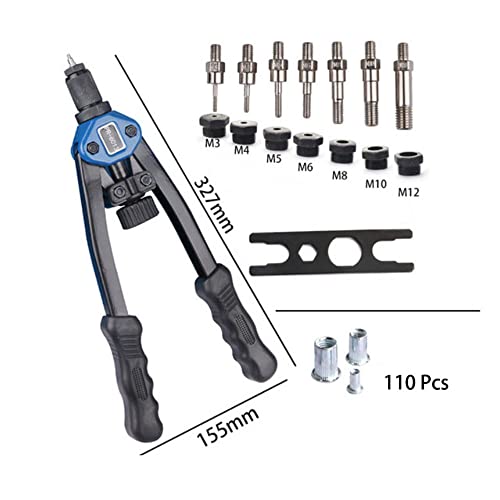 Hand Rivet Nut Tool, 13” Long Handles Hand Riveter Rivnut Tool Kit with 7 Pcs Metric Mandrels and 110 Pcs Rivet Nuts from M3 to M12 - size: 13" Hand Riveter + 110pcs Metirc Assortment