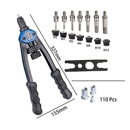 Hand Rivet Nut Tool, 13” Long Handles Hand Riveter Rivnut Tool Kit with 7 Pcs Metric Mandrels and 110 Pcs Rivet Nuts from M3 to M12 - size: 13" Hand Riveter + 110pcs Metirc Assortment
