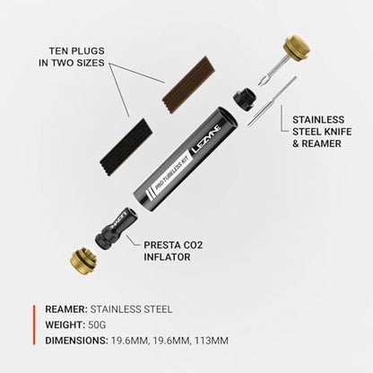 LEZYNE Pro Tubeless Kit | Portable All-In-One Bicycle Tire Repair System with Aluminum Body, Tire Plugs, CO2 Inflator & Stainless Steel Tools | For Road, Gravel & MTB Bikes, Pro Tubeless Kit - size: Pro Tubeless Kit