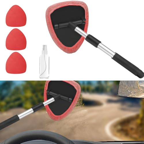 Car Window Cleaner, Car Cleanser Brush, Car Accessories Car Cleaning Supplies Tools, Car Cleaning Kit with Extendable Handle, Microfiber Cloth, Spray Bottle, Fits All Cars (Red) - color: Red