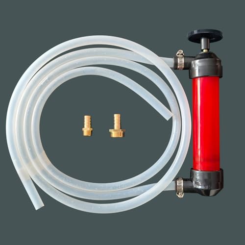 Hand Fuel Pump, Manual Liquid Siphon Pump, Multi-Use Fluid Transfer, Oil, Gasoline, Water, For RV Winterizing, Car Maintenance, Garage, Farm, Mechanic, Includes 2 Hoses, 2 Adapters, 3 Clamps (H-Pump)
