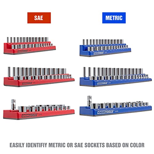 OEMTOOLS 22489 6 Pack Set Metric and SAE Magnetic Socket Organizers, Tool Box Socket Organizer for 1/4, 3/8, and 1/2 Inch Drive Sockets, Red and Blue - style: Red and Blue