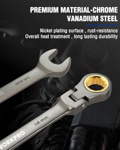 WORKPRO 14 mm Flex-Head Ratcheting Combination Wrench, Cr-V Constructed, Nickel Plating, 72-Teeth, 12 Point Design, Metric - size: 14 mm, style: Nickel Plating