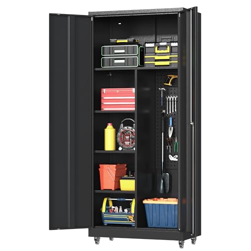 Metal Garage Storage Cabinet with 2 Doors, Adjustable Rolling Tool Storage Cabinet with Lock, 71" Steel Locking Tool Cabinet with Wheels and Shelves for Garage, Warehouse(Black, 71" H) - color: Black, size: 71"H Tool Cabinet(2-Door)