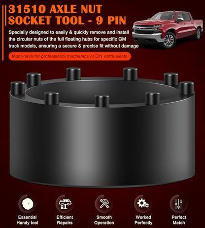 Bonbo 31510 Axle Nut Socket - 9 Pin Hub Nut Socket Fits for GM 2020+ Silverado and Sierra 2500/3500 Trucks with 11.5" and 12" Dual Rear Wheel Axle Hubs, 1/2" Drive