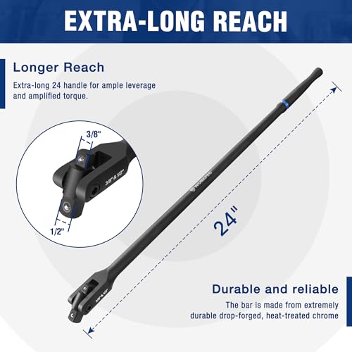 WORKPRO 24-inch Dual Drive Breaker Bar, 3/8" & 1/2" Drive, Heavy Duty Breaker Bars with 360° Flex Head, Spring-loaded Detent Ball, CR-MO Head, Premium Chrome Vanadium Steel with Black Phosphate Finish - color: Black, size: 24" × Dual Drive 3/8"+1/2"