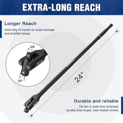 WORKPRO 24-inch Dual Drive Breaker Bar, 3/8" & 1/2" Drive, Heavy Duty Breaker Bars with 360° Flex Head, Spring-loaded Detent Ball, CR-MO Head, Premium Chrome Vanadium Steel with Black Phosphate Finish - color: Black, size: 24" × Dual Drive 3/8"+1/2"