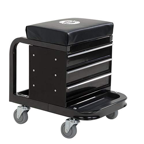 Omega-Lift Mechanic Stool with Wheels – Tool Box with Padded Chair Seat and Rolling Wheels for Garage – 450 Lbs Capacity