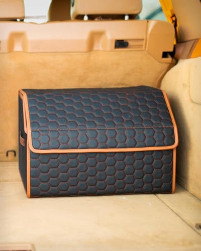 Owleys Sedan Trunk Organizer 17.7" Storage Tote For Groceries, Tools & Travel Gear - Foldable Eco-Leather Car Crate With Magnetic Lid | Stylish Presents For Drivers | Black-Brown (Hexy 17) - color: Hexy 17