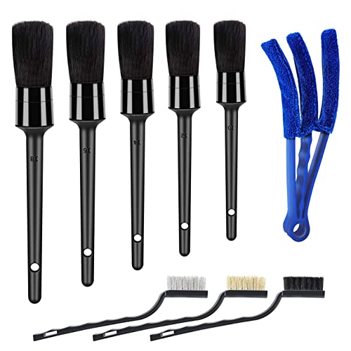 HMPLL 9pcs Auto Car Detailing Brush Set/ Interior Cleaning Kit Includes 5 Soft Premium Detail Brush, 3 Wire Brush & 1 Vent Cleaning Brush for Cleaning Interior, Dashboard, Engines, Leather, Wheel - color: black