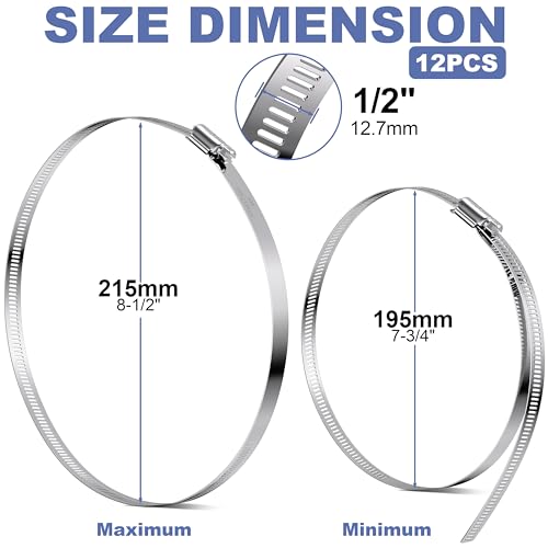 12Pack 8 inch Hose Clamps,Stainless Steel Large Hose Clamp Adjustable from 7-3/4"-8-1/2"/195-215mm,Metal Worm Gear Duct Clamp for Dryer Vent Hose,Fuel Line,Plumbing,Automotive,Exhaust,Radiator - size: 8 inch (7-3/4" - 8-1/2")