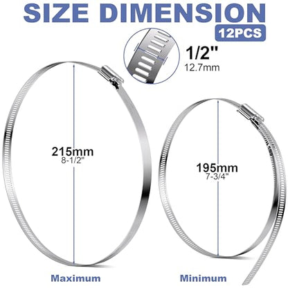 12Pack 8 inch Hose Clamps,Stainless Steel Large Hose Clamp Adjustable from 7-3/4"-8-1/2"/195-215mm,Metal Worm Gear Duct Clamp for Dryer Vent Hose,Fuel Line,Plumbing,Automotive,Exhaust,Radiator - size: 8 inch (7-3/4" - 8-1/2")