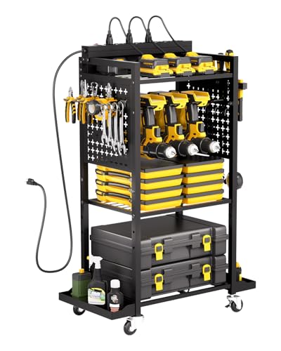 VEVOR 4-Tier Tool Organizer Cart with Charging Station, 8 AC Outlet, Floor Stand Rolling Drill Holder and Tool Battery Storage Rack on Wheels, Garage Floor Rolling Storage Cart for Workshop, Garage - style: 4-Tier with 8 AC Outlet