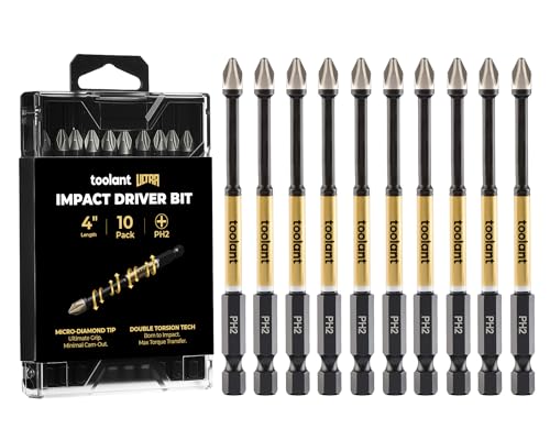 toolant Phillips Impact Screwdriver Bit Set 4 Inch PH2, 10 Pack Magnetic Anti Slip CNC Machined Tips Impact Steel X2 Driver Bit Set for Impact Driver - color: 10 Pack, size: 4in, PH2