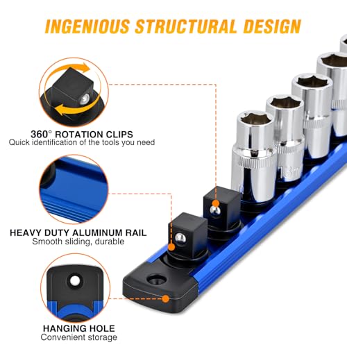 GOOACC Magnetic Socket Organizer 1/4" 3/8" 1/2" Socket Holder Set Heavy Duty Aluminum Socket Rail Organizers for Tool Box Drawer, 3 Pieces Magnetic Socket Rails Hold Up 40 Drive Socket Clips, Blue - size: Rail Magnetic 3PC 1/4"3/8"1/2" Blue