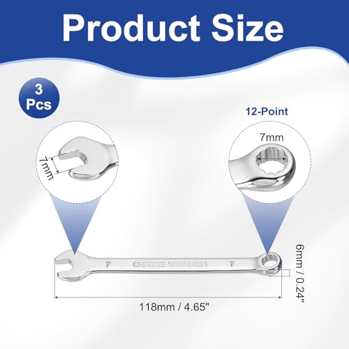 HARFINGTON 3Pcs Combination Wrench 7mm Metric 12-Point Box and Open End CR-V Steel Double Ended Spanner Tool for Automotive Pipe Furniture Machinery DIY Repair, Silver White - size: 7mm