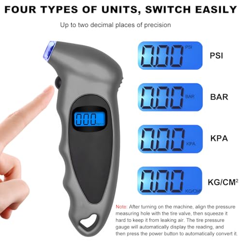 KVAEY Digital Tire Pressure Gauge, 150 PSI 4 Settings Accurate Tire Gauge with Non-Slip Grip, Backlight LCD Tire Pressure Gauge Reader Checker Tool for Car Truck Bicycle Motorcycle (Gray) - color: Gray
