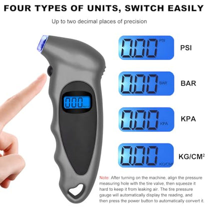 KVAEY Digital Tire Pressure Gauge, 150 PSI 4 Settings Accurate Tire Gauge with Non-Slip Grip, Backlight LCD Tire Pressure Gauge Reader Checker Tool for Car Truck Bicycle Motorcycle (Gray) - color: Gray