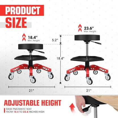 DNA Motoring Rolling Shop Stool, Adjustable Height Padded Rolling Seat, Pneumatic Roller Mechanic Stool for Garages, w/Tool Storage Tray, 300lbs Capacity, TOOLS-00636-BK-RD - style: Red Tray Model