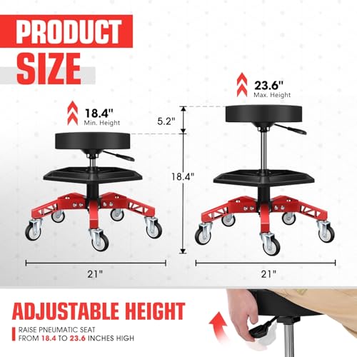 DNA Motoring Rolling Shop Stool, Adjustable Height Padded Rolling Seat, Pneumatic Roller Mechanic Stool for Garages, w/Tool Storage Tray, 300lbs Capacity, TOOLS-00636-BK-RD - style: Red Tray Model