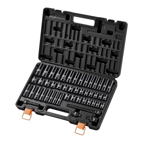 VEVOR Impact Socket Set, 3/8" Drive, 48-Piece Socket Set, 6-Point Sockets, SAE 5/16"-3/4" and Metric 8-19 mm, 21-22 mm, Easy to Identify, Cr-V Alloy Steel, Extension Bar, Adapter and Storage Cage - size: 3/8" 48 PCS