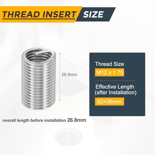 HARFINGTON 20pcs Wire Thread Repair Inserts M12 x 1.75 x 3D (36mm) Metric 304H Stainless Steel Helical Coiled Wire Screw Threaded Sleeve Sheath for Automotive Repairs - size: M12 x 1.75 x 3D