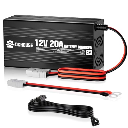 DC House 12V 20A Lithium Battery Charger, 14.6V LiFePO4 Charger with Battery Quick Connector & LED Indicator, Smart 300W Fast Charging for 12V Boat/RV Battery, Solar Systems, Off Grid, Homes