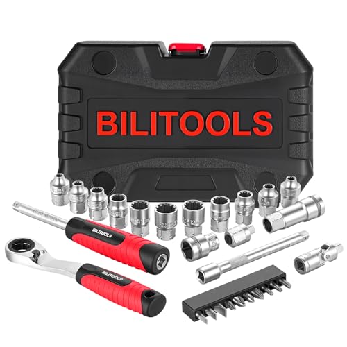 BILITOOLS 29PCS 1/4" Pass Through Socket Set with Spline Sockets & Bits | Small Pass Thru Go Through Ratchet Mechanics Tools Set for Tight Spaces, Low Profile 72-Tooth Wrench - style: 29-Piece Pass Through Socket Set