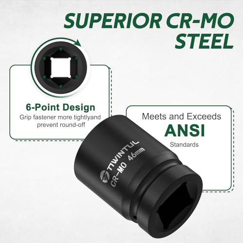 46mm Impact Socket 1-Inch Drive, 6 Point Design, for Semi Truck | CR-MO Heavy Duty Metric Socket for High Torque Impact Wrench, Large Socket for Semi Truck Axle Nuts & Heavy Equipment - size: 46mm(1 PCS)