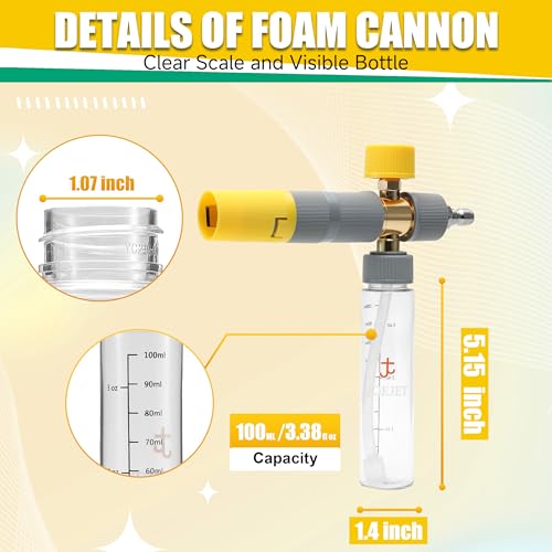 JOEJET Pressure Washer Short Gun with Mini Foam Cannon Dual Wand, 100 ML | Dual-Purpose Switch Spray Gun with 5 Power Washer Nozzle Tips, 1/4" Quick Connect, 4500 PSI - size: 100 ml