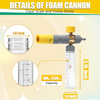 JOEJET Pressure Washer Short Gun with Mini Foam Cannon Dual Wand, 100 ML | Dual-Purpose Switch Spray Gun with 5 Power Washer Nozzle Tips, 1/4" Quick Connect, 4500 PSI - size: 100 ml