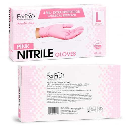 ForPro Disposable Nitrile Gloves, Chemical Resistant, Powder-Free, Latex-Free, Non-Sterile, Food Safe, 4 Mil - color: Pink, size: Large (Pack of 100)