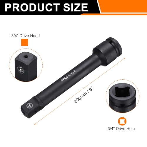 HARFINGTON Impact Socket Extension Bar 3/4" Square Drive 8" Long CR-V Steel Extension Rod Ratchet Wrench Driver Adapter for Axle Nut Sockets, Black - size: 3/4" Square Drive 8" Long