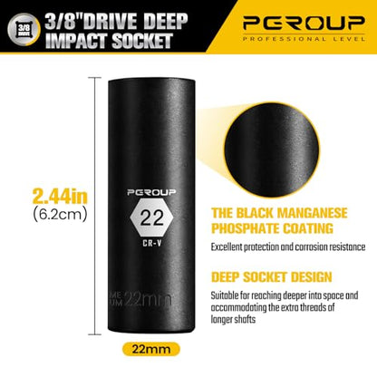 3/8” Drive Deep Impact Socket, Metric(22mm socket), 6-Point, Cr-V Steel With Black Manganese Phosphate Coating - size: 22 mm