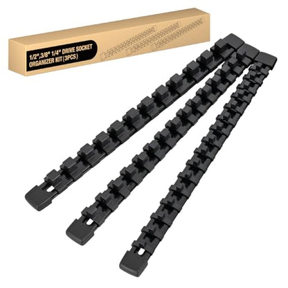 GOOACC Socket Organizer ABS Socket Holder Set 1/4" 3/8" 1/2" Drive Socket Rail Holders Stores up 43 Clips Impact Sockets Organizers Rails for Tool Box Drawer, 3 Piece Black - size: Clip Rail 3PC 1/4"3/8"1/2" Black