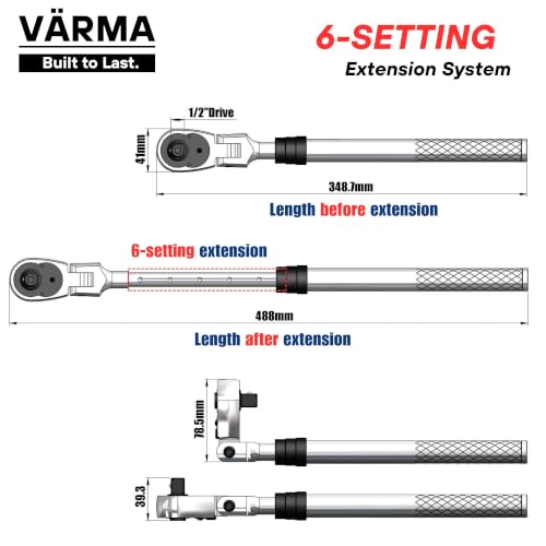 1/2" Drive Ratchet – 13.7–19.2" 6-Stage Extendable Handle, 90T Flex Head, Quick Release, Chrome Vanadium - size: 1/2" Drive Ratchet
