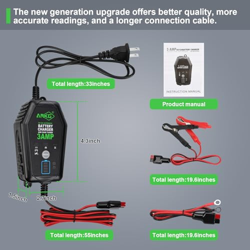 3A 6V/12V Smart Battery Charger Maintainer Fully Automatic Trickle Charger with Waterproof Desulfation for Cars, Motorcycles, Boats, LawnMowers-Compatible with Lead-Acid, LithiumLiFePO4 Batteries