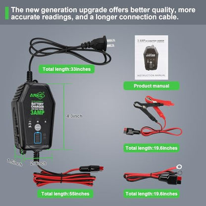3A 6V/12V Smart Battery Charger Maintainer Fully Automatic Trickle Charger with Waterproof Desulfation for Cars, Motorcycles, Boats, LawnMowers-Compatible with Lead-Acid, LithiumLiFePO4 Batteries