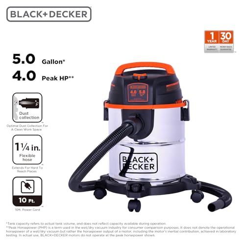 BLACK+DECKER Shop Vacuum Wet and Dry, 5 Gallon 3-in-1 Stainless Steel Shop Vac with Accessories, 4 HP Vacuum Cleaner, for Workshop, Home, Garage and Pet, BDXV18143 - size: 5 Gallon 4 HP