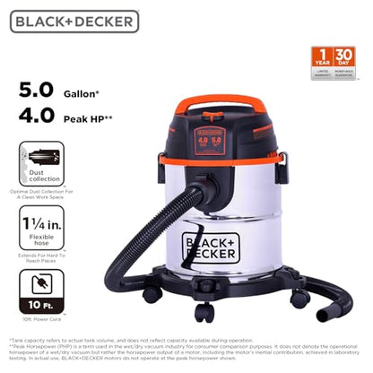 BLACK+DECKER Shop Vacuum Wet and Dry, 5 Gallon 3-in-1 Stainless Steel Shop Vac with Accessories, 4 HP Vacuum Cleaner, for Workshop, Home, Garage and Pet, BDXV18143 - size: 5 Gallon 4 HP