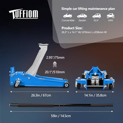 TUFFIOM 3 Ton Floor Jack, Aluminum and Steel Low Profile Jack with Dual Pistons Quick Lift Pump for Cars & SUVs, Lifting Range 2-19/20" to 20-1/10, Blue - color: Blue