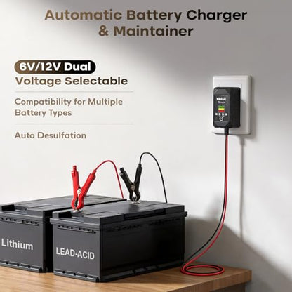 1A Smart Battery Charger for 6V/12V Lead-Acid & 12V Lithium Batteries- Trickle Charger & Desulfator for car Motorcycle Lawn Mower Boat Motorcycle Snowmobile