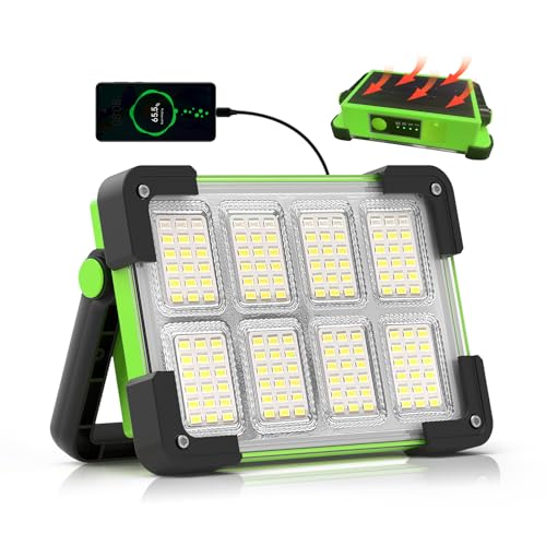 Solar Rechargeable Work Light, 144 LED 10000LM Led Work Light with 4 Modes | Portable Flood Light with Stand, IP66 Waterproof Outdoor Working Light for Emergency Mechanic Camping Repair - color: Green
